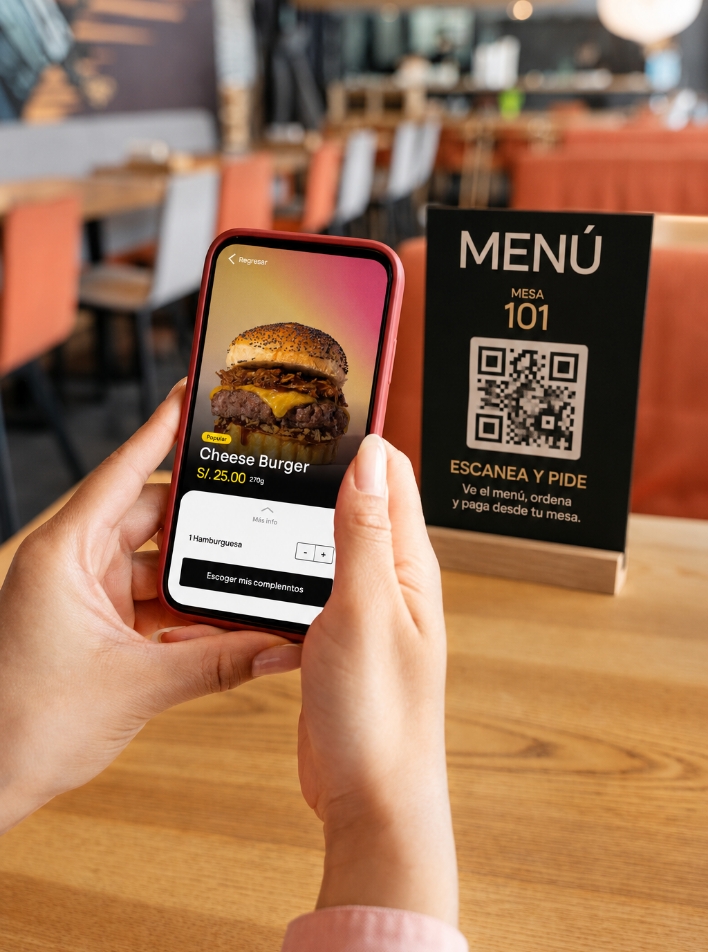 Cliente escaneando QR en mesa con Menupolis
